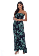 Navy Leaf Print Strapless Maxi Dress