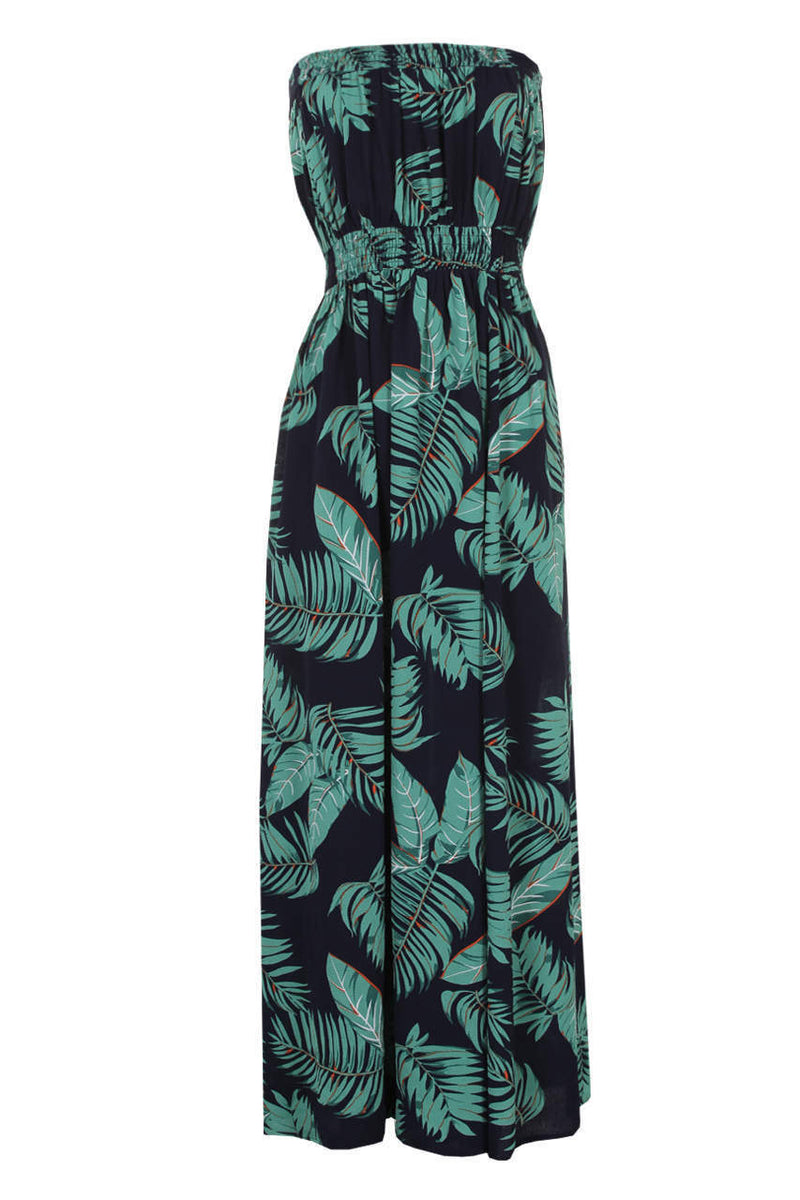 Navy Leaf Print Strapless Maxi Dress