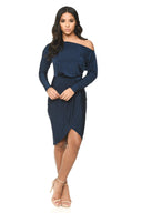 Navy Long Sleeve Stretch Wrap Around Dress