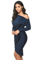 Navy Long Sleeve Stretch Wrap Around Dress