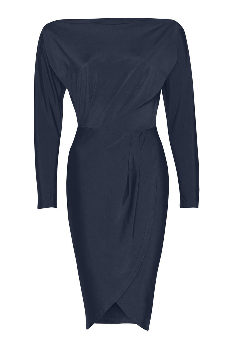 Navy Long Sleeve Stretch Wrap Around Dress