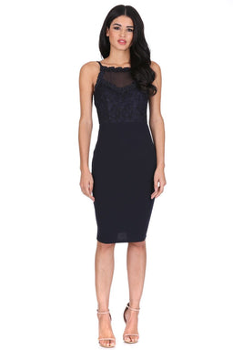 Navy Mesh Embroidered Midi Dress