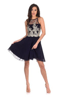Navy Mesh Gold Embroidered Skater Dress