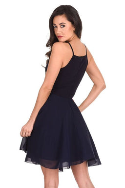 Navy Mesh Gold Embroidered Skater Dress
