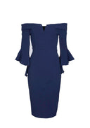 Navy Notch Front Frill Sleeve Midi Dress