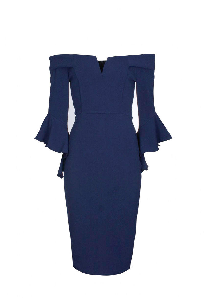 Navy Notch Front Frill Sleeve Midi Dress