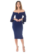 Navy Notch Front Frill Sleeve Midi Dress