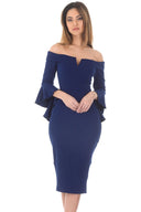 Navy Notch Front Frill Sleeve Midi Dress