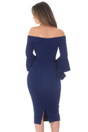 Navy Notch Front Frill Sleeve Midi Dress