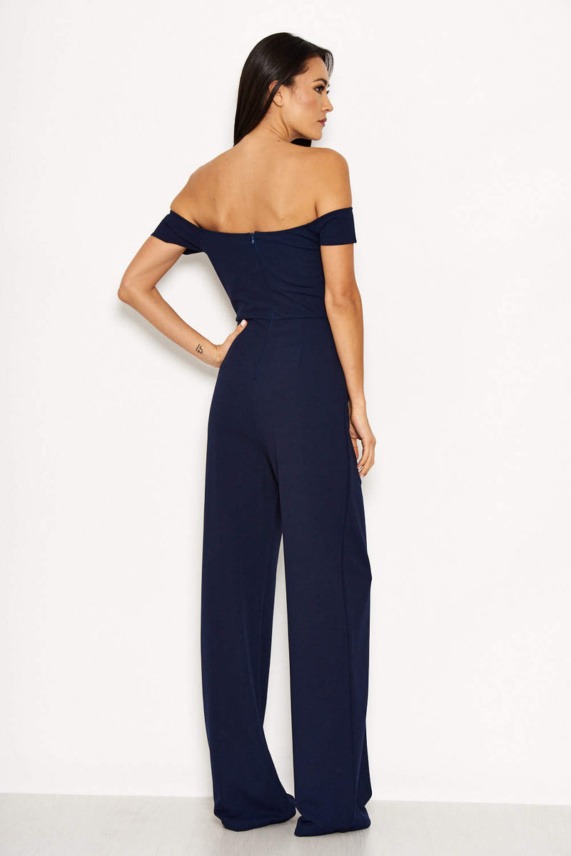 Navy Off The Shoulder Jumpsuit With Military Button Detail