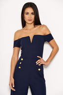 Navy Off The Shoulder Jumpsuit With Military Button Detail