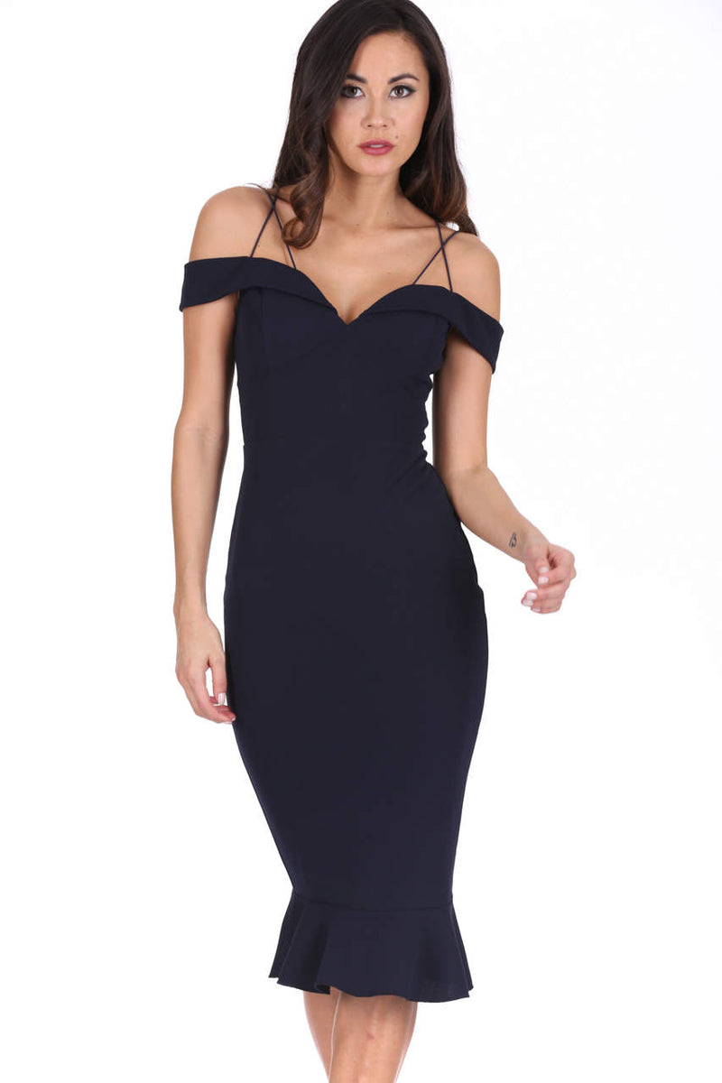 Navy Off The Shoulder Strappy Fishtail Dress