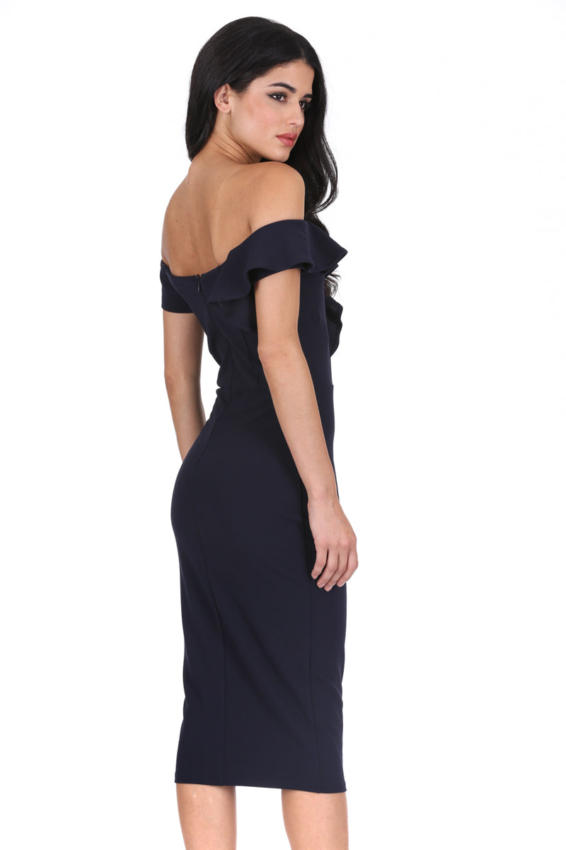 Navy Off The Shoulder Frill Detail Midi Dress