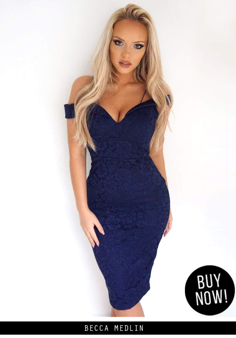 Navy Off The Shoulder Strappy Lace Midi Dress