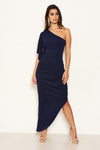 Navy One Shoulder Asymmetric Split Dress