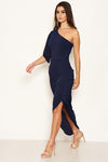 Navy One Shoulder Asymmetric Split Dress