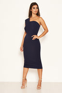 Navy One Shoulder Wrap Midi Dress