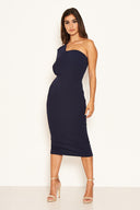 Navy One Shoulder Wrap Midi Dress