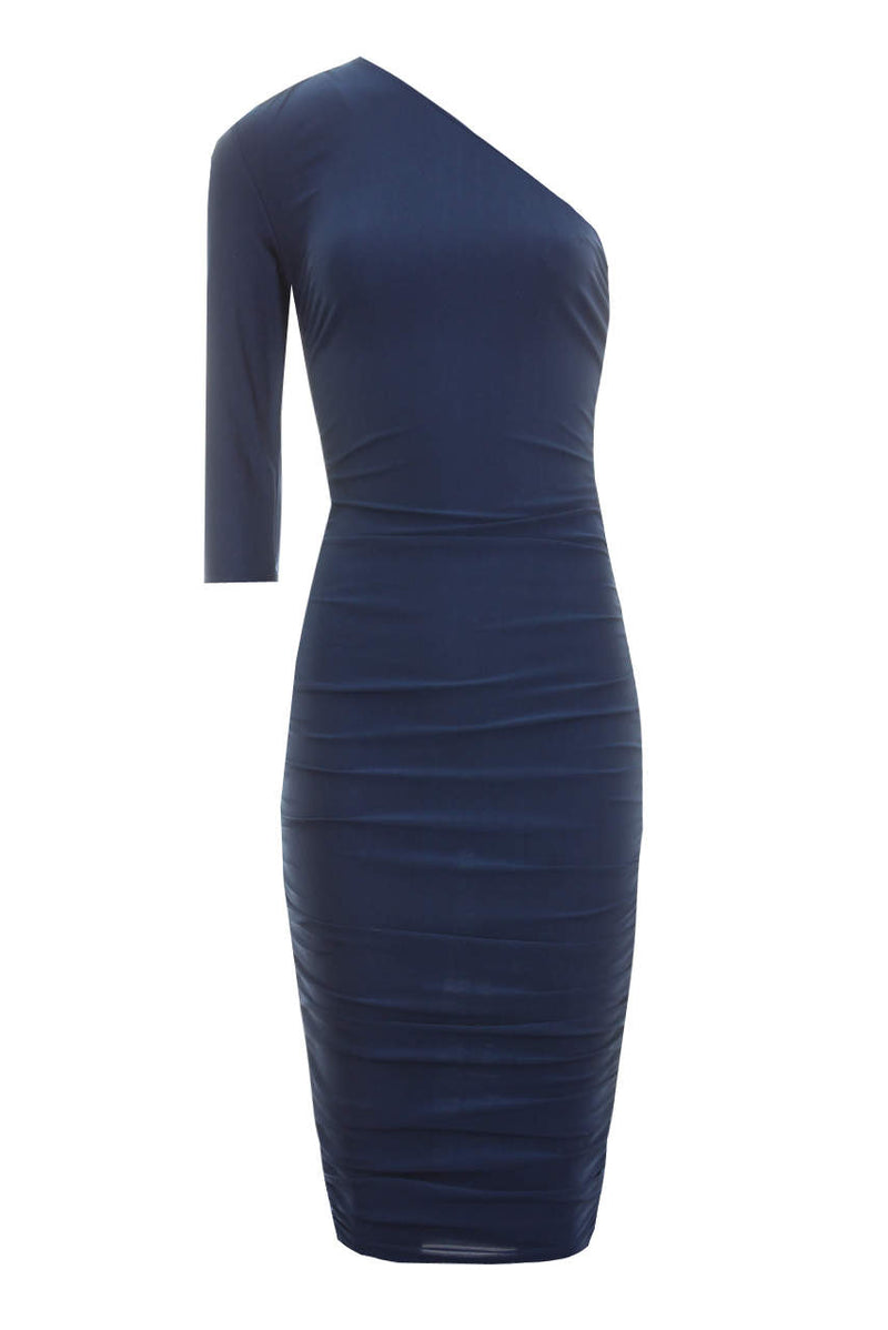 Navy One Sleeve Slinky Midi Dress