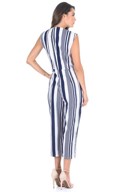 Navy Pinstripe Wrap Front Culotte Jumpsuit