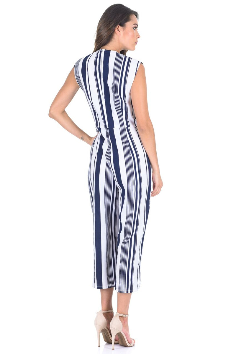 Navy Pinstripe Wrap Front Culotte Jumpsuit