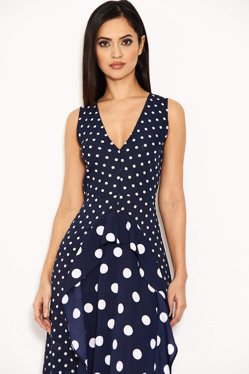 Navy Polka Dot Asymmetric Dress