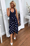 Navy Polka Dot Asymmetric Dress