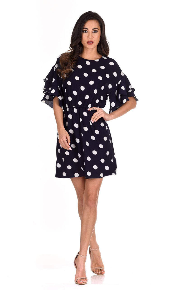 Navy Polka Dot Frill Sleeve Dress