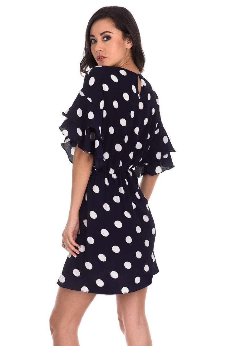 Navy Polka Dot Frill Sleeve Dress