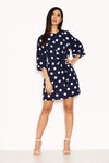 Navy Polka Dot Wrap Mini Dress With Tie Front