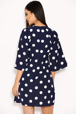 Navy Polka Dot Wrap Mini Dress With Tie Front