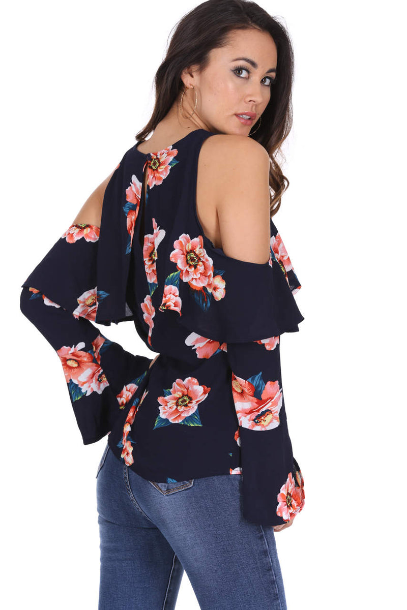 Navy Print Cut Out Shoulder Flared Blouse