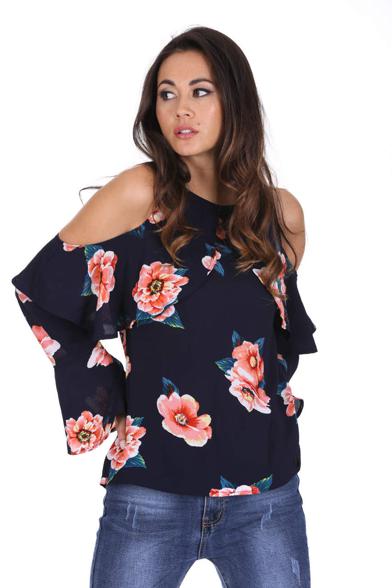 Navy Print Cut Out Shoulder Flared Blouse