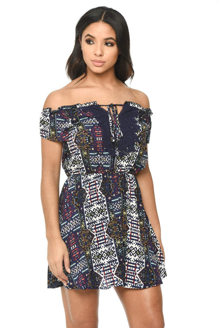 Navy Printed Dress With Lace Detail