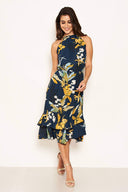 Navy Printed Midi Dress with Frilled Hem