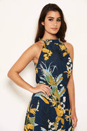 Navy Printed Midi Dress with Frilled Hem