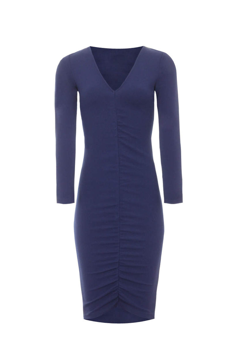 Navy Ruched Sleeved Dress
