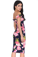 Navy Ruffle Bardot Floral Midi Dress
