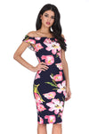 Navy Ruffle Bardot Floral Midi Dress