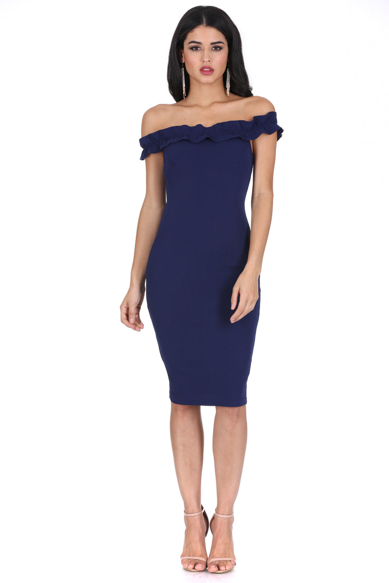 bardot off shoulder frill midi dress navy Fever Fish Navy Bardot Off The Shoulder Frill Midi Dress, Size 10