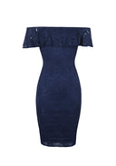 Navy Ruffled Off The Shoulder Lace Midi Dress