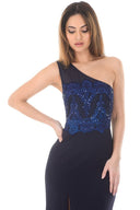 Navy Sequin Maxi Dress With Thigh High Split