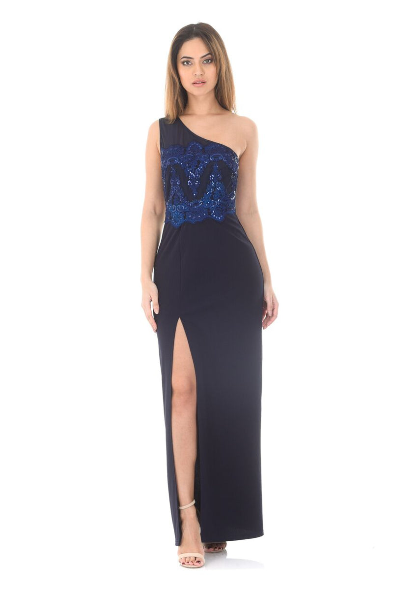 Navy Sequin Maxi Dress With Thigh High Split