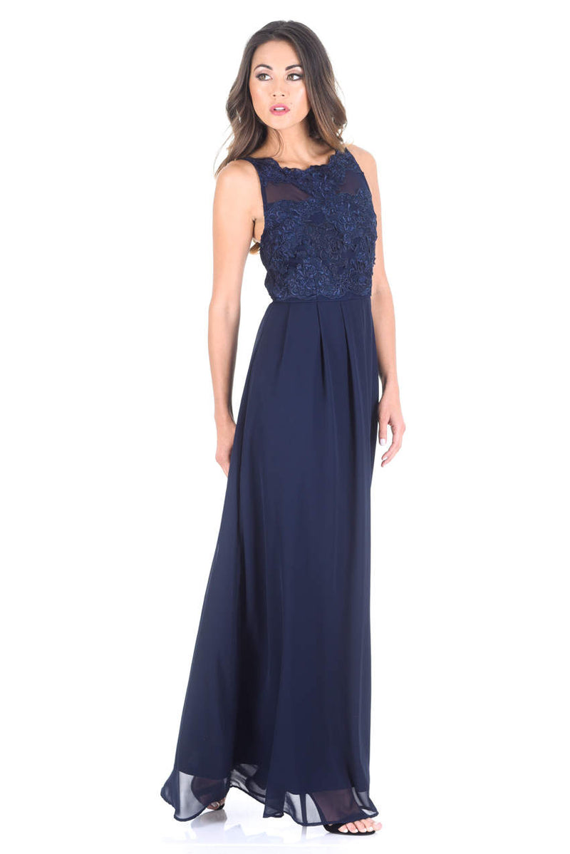 Navy Sleeveless Embroidered Maxi Dress