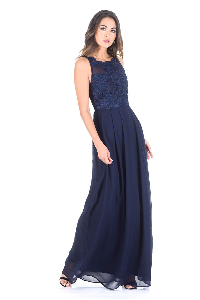 Navy Sleeveless Embroidered Maxi Dress