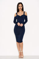 Navy Slinky Ruched Cold Shoulder Dress