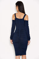 Navy Slinky Ruched Cold Shoulder Dress