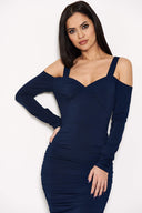 Navy Slinky Ruched Cold Shoulder Dress