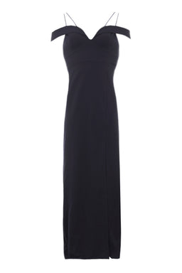 Navy Strappy Off The Shoulder Side Split Maxi Dress
