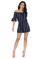 Navy Striped Off The Shoulder Bell Sleeve Playsuit